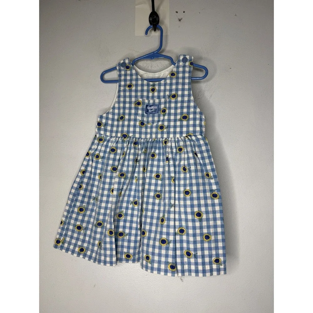 Vintage OshKosh B'gosh Sunflower Gingham Pinafore Dress Blue White 4T USA Made